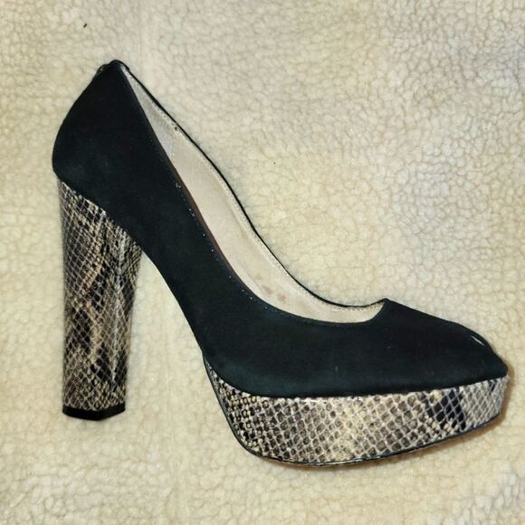 Michael Kors black suede peep-toe platform snakeskin heels (7.5M) - Picture 1 of 8